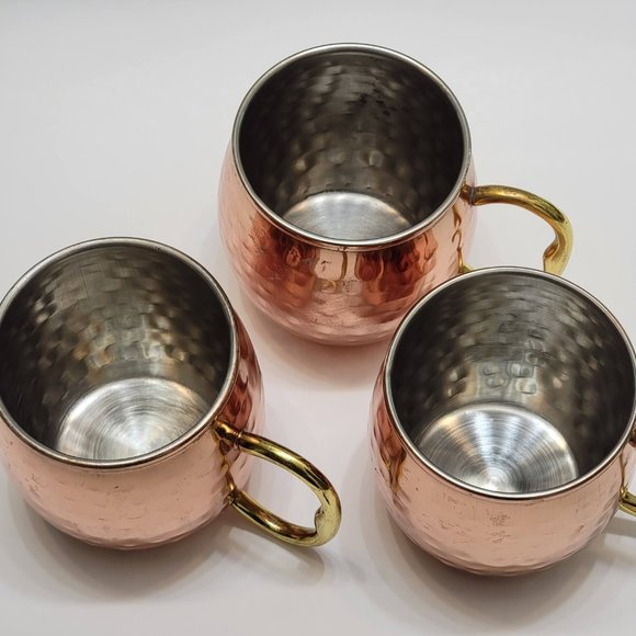 Hammered Copper Moscow Mule Mugs Brass Handles Set Of 3 Pre Owned - Picture 4 of 5